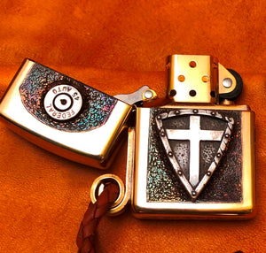 Custom Crusader Zippo Lighter. Cross & Shield .45 ACP,  Wicked Zippo Studios