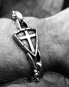 Crusader Bracelet. Sterling Silver. Heavy Link. Thick Alternating Cable Links, Plain & with Cross. Knight's Shield.