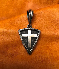 Load image into Gallery viewer, Crusader Pendant. Sterling Silver. Thick Shield &amp; Cross. Battle-worn
