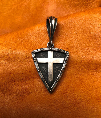 Crusader Pendant. Sterling Silver. Thick Shield & Cross. Battle-worn