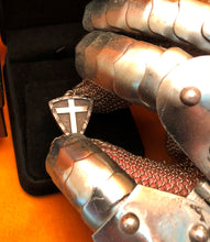 Load image into Gallery viewer, Crusader Pendant. Sterling Silver. Thick Shield &amp; Cross. Battle-worn